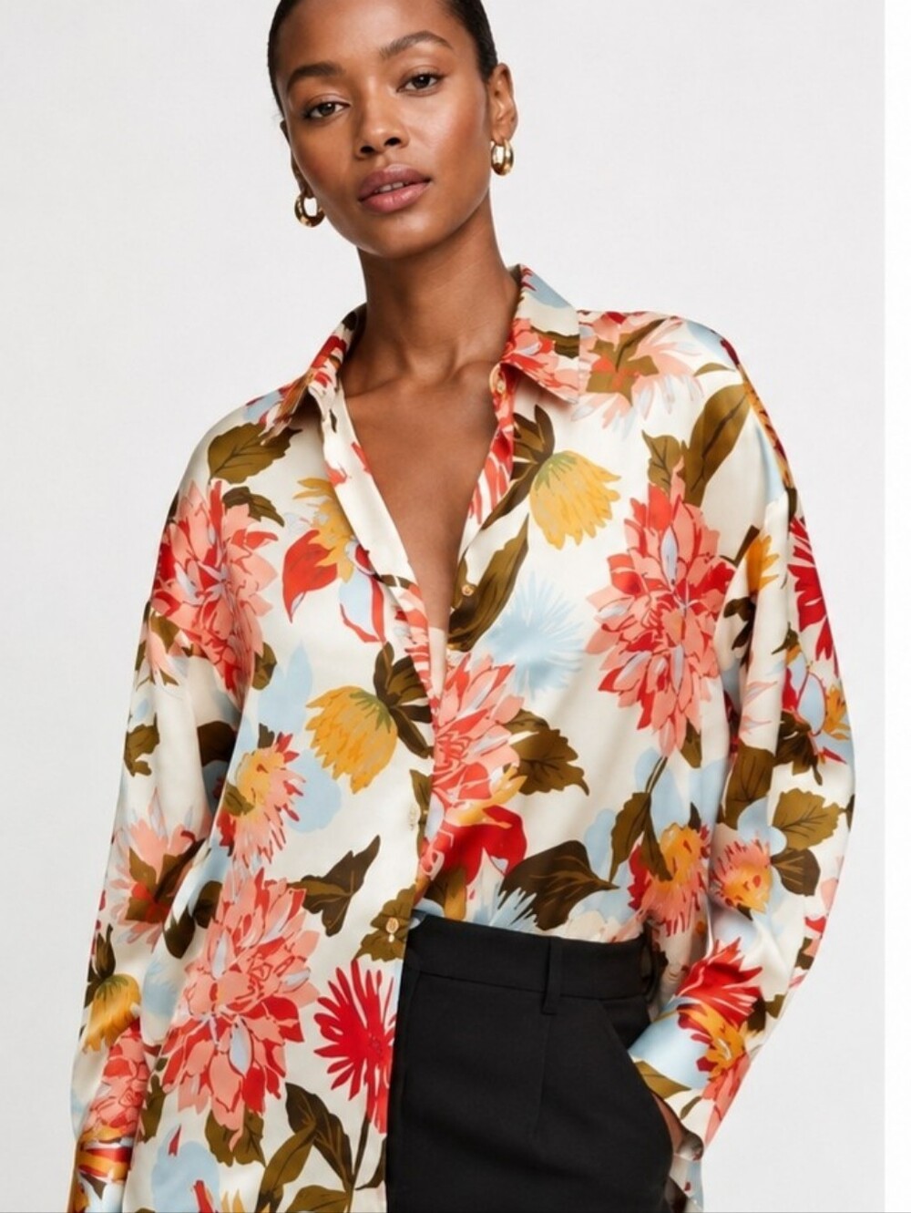 Zara Floral Print Satin Effect Shirt Medium